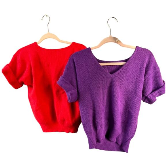 2 Michael Carrie short sleeve sweater purple red angora rabbit hair & wool Large - Picture 1 of 4